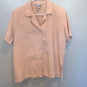 Vintage Women’s Large Clio Silk Beige Short Sleeve Button-Up Shirt Top